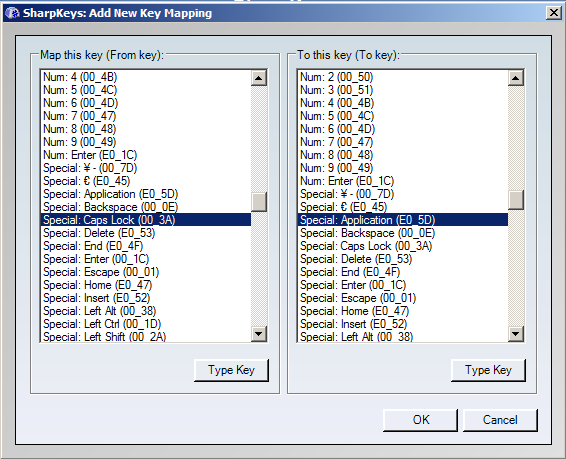 SharpKeys screenshot, remap Application Key onto Caps Lock